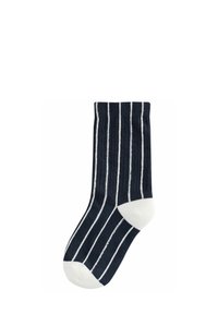Calzini blu navy con strisce verticali bianche, materiale in cotone, texture a coste e una punta e un tallone bianco.