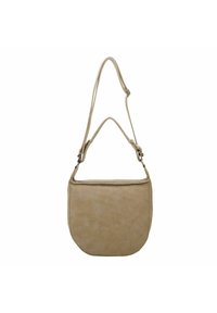 Bolso bandolera beige con textura suave, forma redondeada, correa ajustable y cierre superior con cremallera. Diseño minimalista sin patrones visibles.