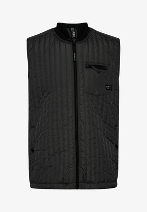 Zwarte gewatteerde vest met een frontrits, zijzakken en een borstzak met een rits. Gemaakt van soepel synthetisch materiaal.