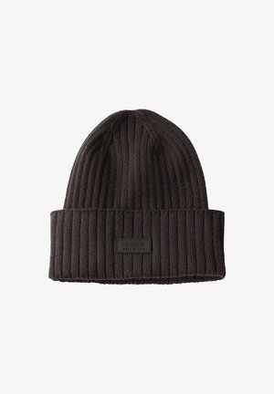 Black ribbed knit beanie hat with a rolled cuff and a rectangular leather patch embossed with "COLORFUL SIDES OF LIFE."