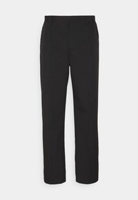 Black trousers in a straight-leg design made of a smooth fabric. Features front pockets and a classic waistband. No visible patterns.