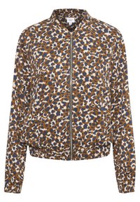 Långärmad zip-up jacka med brunt, marinblått och vitt leopardmönster samt elastiska ärm- och fållkanter.