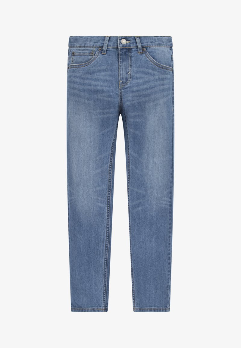 Vaaleansinisiä farkkuja, joissa on suora leikkaus, viisi taskua, metallinen nappikiinnitys ja hienovarainen haalistuminen kankaan pinnassa.