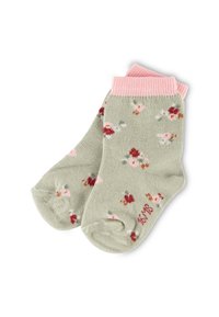 Green cotton socks with a pink ribbed cuff. Patterns of small flowers in pink, red, and green throughout. Suitable for casual wear.