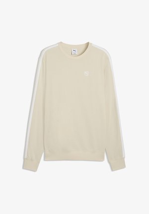 Beige sweatshirt met lange mouwen, witte strepen langs de mouwen en een klein wit Puma-logo op de linkerborst.