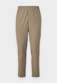 Pantaloni beige a sigaretta realizzati in un tessuto liscio, dotati di vita elasticizzata e tasche laterali. Il design è minimalista con una finitura pulita.