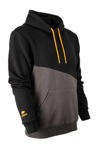 Schwarzer und grauer Hoodie mit einer Vordertasche, ausgestattet mit gelben Kordeln und einem gelben Bärenlogo auf dem linken Ärmel. Aus Baumwollmischung.