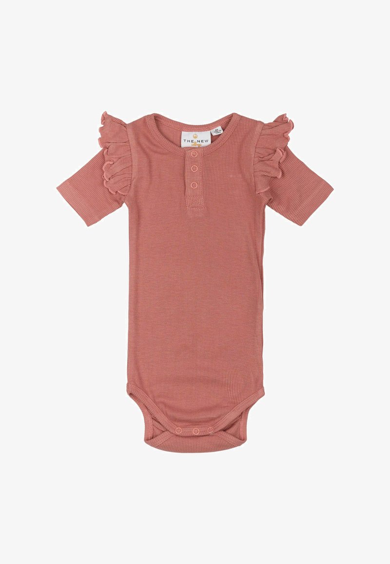 Rebrast bodi s kratkimi rokavi v prašnem roza odtenku, z nabranimi ramenskimi poudarki in trojnim gumbom; pritrdilne zanke na dnu.