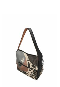 Torebka na ramię z abstrakcyjnym wzorem w wielokolorowej palecie brązów, szarości i czerni. Wykonana z trwałego materiału, wyposażona w funkcjonalny zamek błyskawiczny i regulowany pasek.