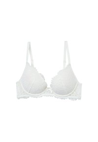 White lace bra with a floral pattern, padded cups, scalloped edges, and silky straps. Features a center bow detail and intricate lace trim.