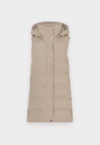 Gilet sans manches beige matelassé avec capuche, boutons-pression à l'avant et poches latérales, conçu pour les temps froids.