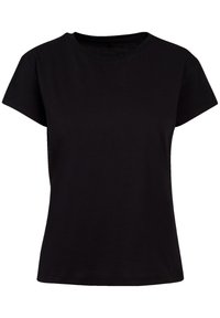 T-shirt noir à manches courtes fabriqué en coton léger, présentant un col rond et une coupe décontractée avec une texture lisse.