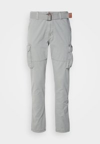 Pantalon cargo gris clair avec poches latérales et une ceinture en tissu réglable assortie, présenté à plat sur fond blanc.
