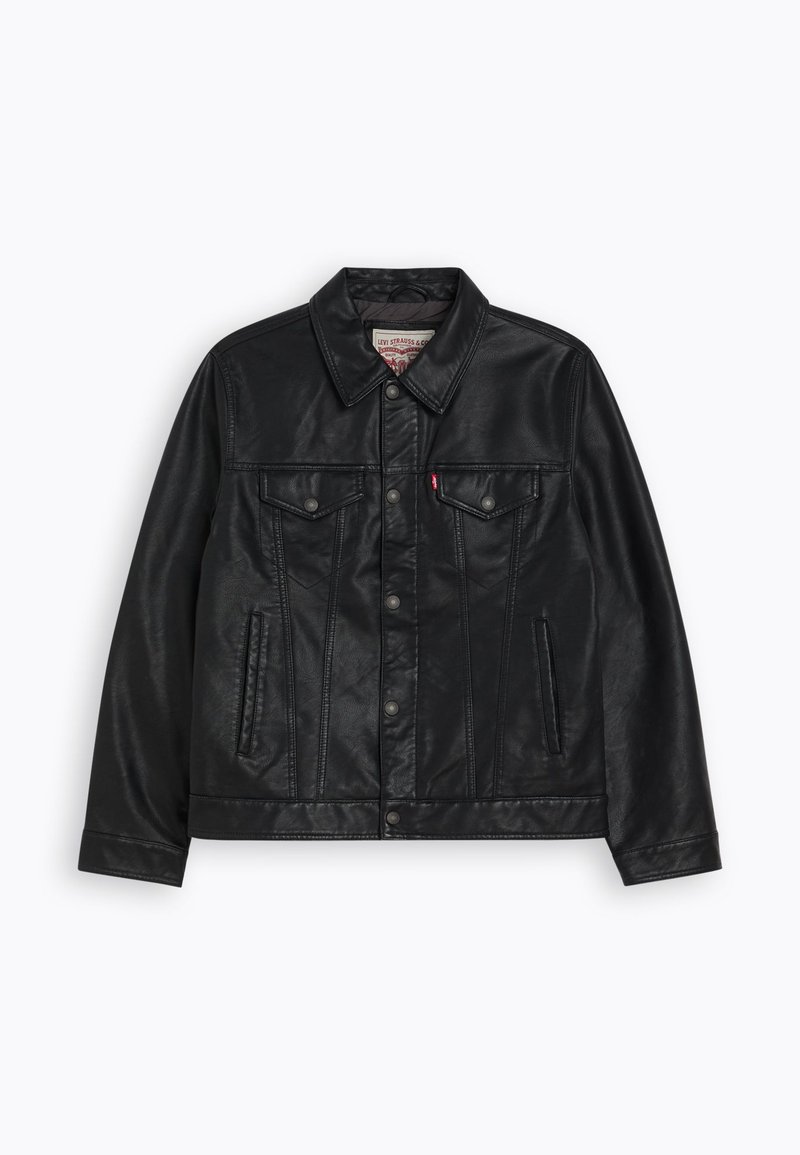 Veste en cuir noir avec un col, fermeture frontale par boutons, deux poches poitrine et poches sur les côtés. Texture lisse, design classique.