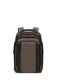 Zaino nero e marrone con doppie spalline imbottite, maniglia superiore, tasche con zip e una superficie liscia e strutturata.