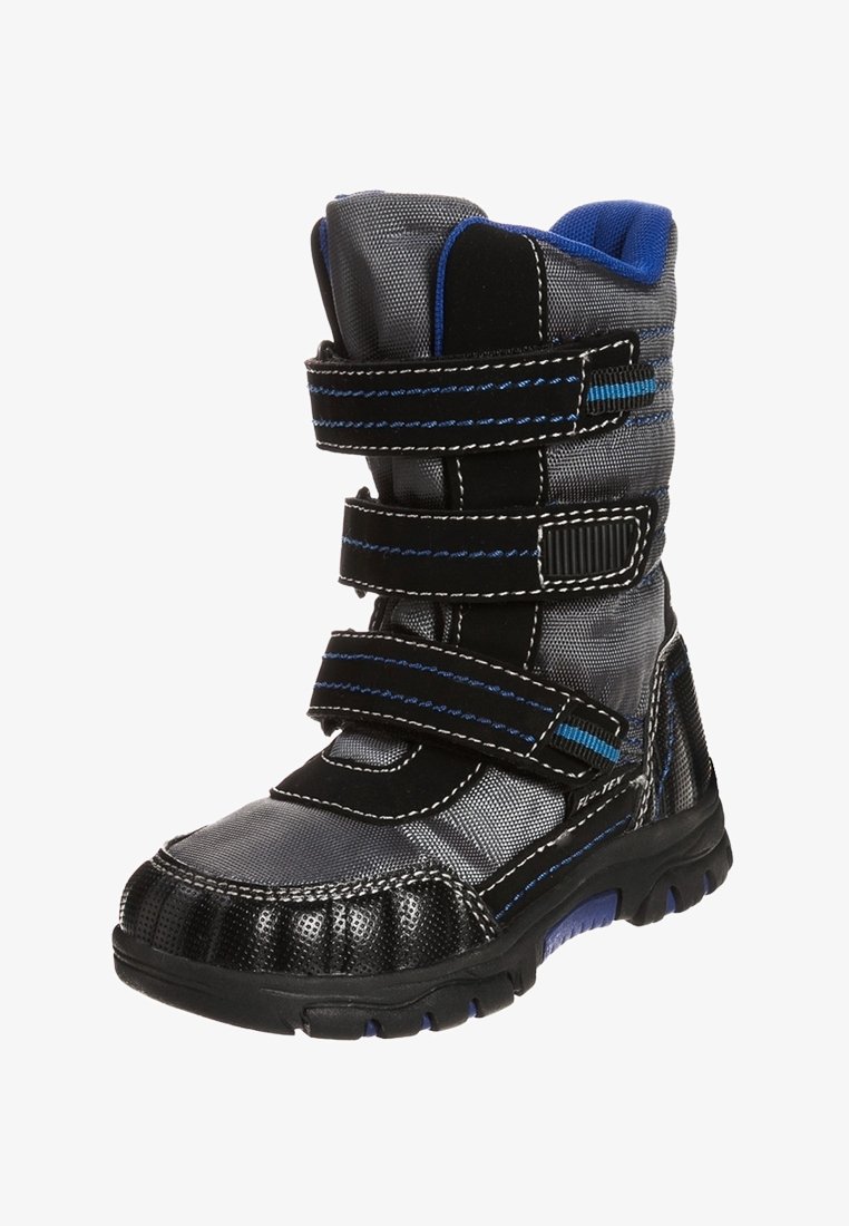 Botte d'hiver montante noire et grise avec des accents bleus et trois sangles Velcro réglables pour un ajustement sécurisé et une isolation.
