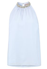 Ljusblå ärmlös topp med en samlad halsringning, prydd med en pärlkant. Slät textur, minimal sömnad, med en nyckelhålsöppning bak.