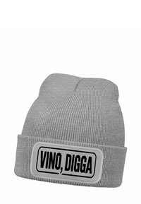 Gray knitted beanie with a fold-up cuff featuring a rectangular patch that displays the text “VINO, DIGGA” in bold black font.