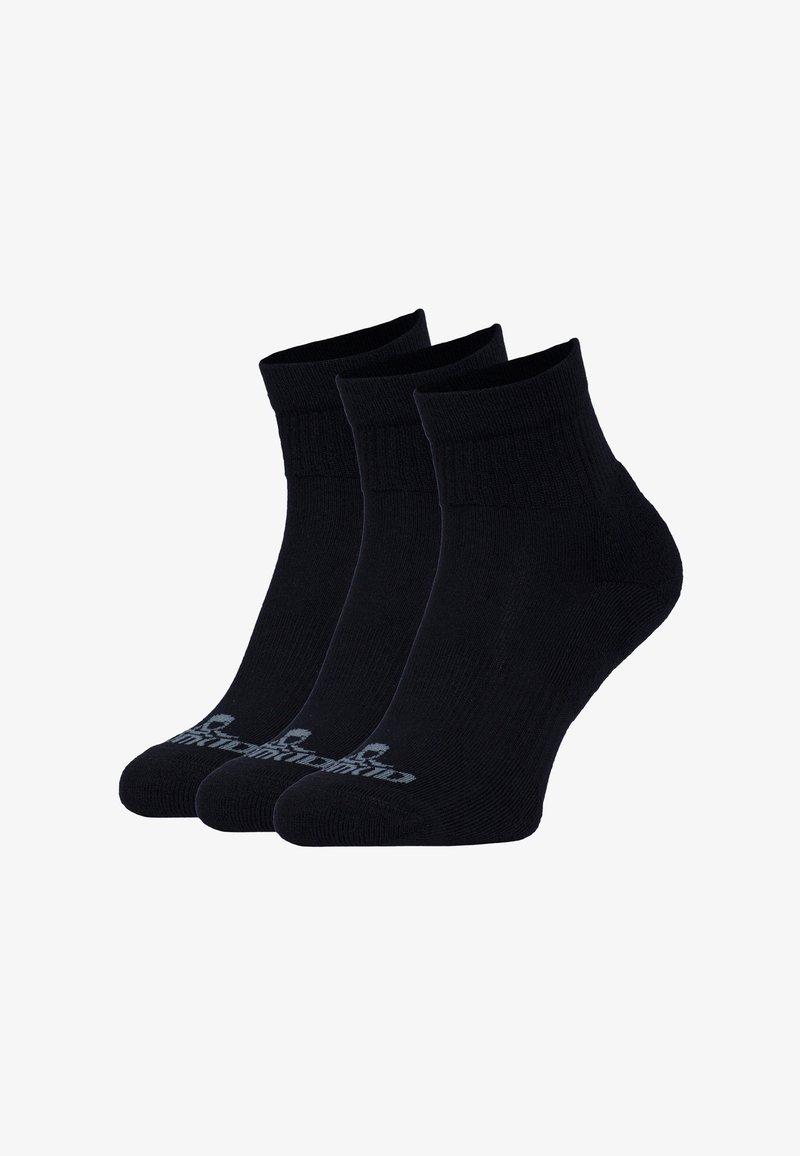 Black ankle socks, three pairs, made of textured material, featuring reinforced heels and toes, with a small grey logo near the bottom.