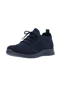Baskets de sport bleu marine avec une tige en tricot respirant, un design à lacets, une surface texturée et une semelle en caoutchouc rembourrée.