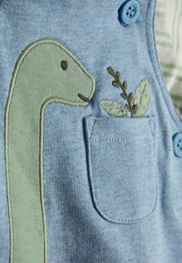 Prim-plan al unei țesături albastre cu un dinozaur verde brodat lângă un buzunar mic ce conține frunze și crenguțe brodate.