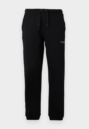 Black sweatpants with elastic waistband and drawstring, featuring side pockets and a small printed logo on the left thigh. Soft fabric.