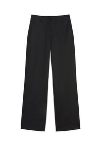 Pantalon noir à jambes larges en tissu lisse. Comprend une fermeture par bouton, des poches avant, et un ourlet net sans motifs visibles.