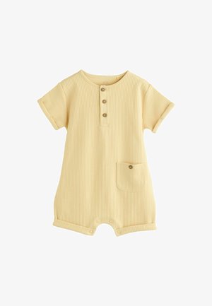 Geltonas juostuotas trumpomis rankovėmis romperis su trimis priekiais mygtukais, krūtinės kišenių ir spaudžių užtrauktuku apačioje, kad būtų lengviau apsirengti.