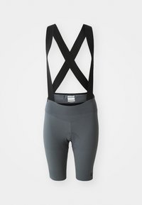 Pantaloni da ciclismo grigi con bretelle nere, caratterizzati da una texture a coste sulle gambe, una vita elastica e un fondello imbottito per il comfort.