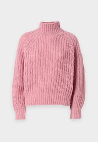 Rosa gestrickter Pullover mit hohem Kragen, gerippter Textur und langen Ärmeln. Verfügt über eine lockere Passform und einen leicht verkürzten Saum.