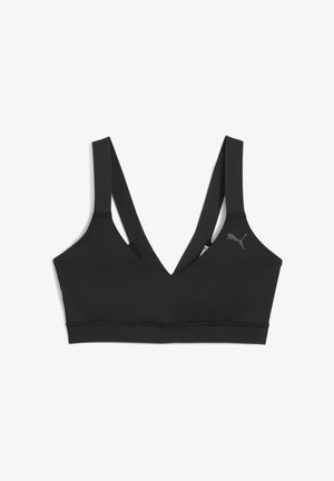 Sutien desportivo acolchoado preto com um decote em V profundo, alças largas e faixa elástica; apresenta um pequeno logótipo cinza da Puma no lado esquerdo.