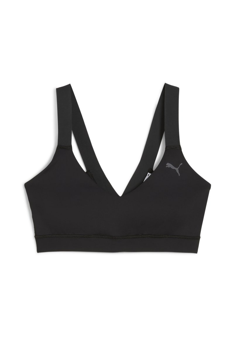Reggiseno sportivo nero imbottito con scollatura a V profonda, spalline larghe e banda elastica sottostante; presenta un piccolo logo Puma grigio sul lato sinistro.