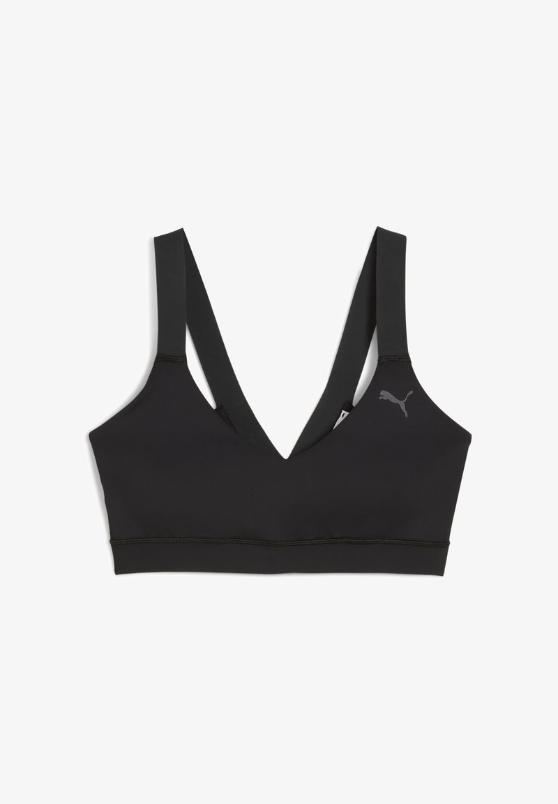 Sutien desportivo acolchoado preto com um decote em V profundo, alças largas e faixa elástica; apresenta um pequeno logótipo cinza da Puma no lado esquerdo.
