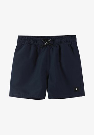 Calções de banho masculinos em azul-marinho sólido. Feitos de material leve, com cintura elástica, cordão ajustável e logótipo.