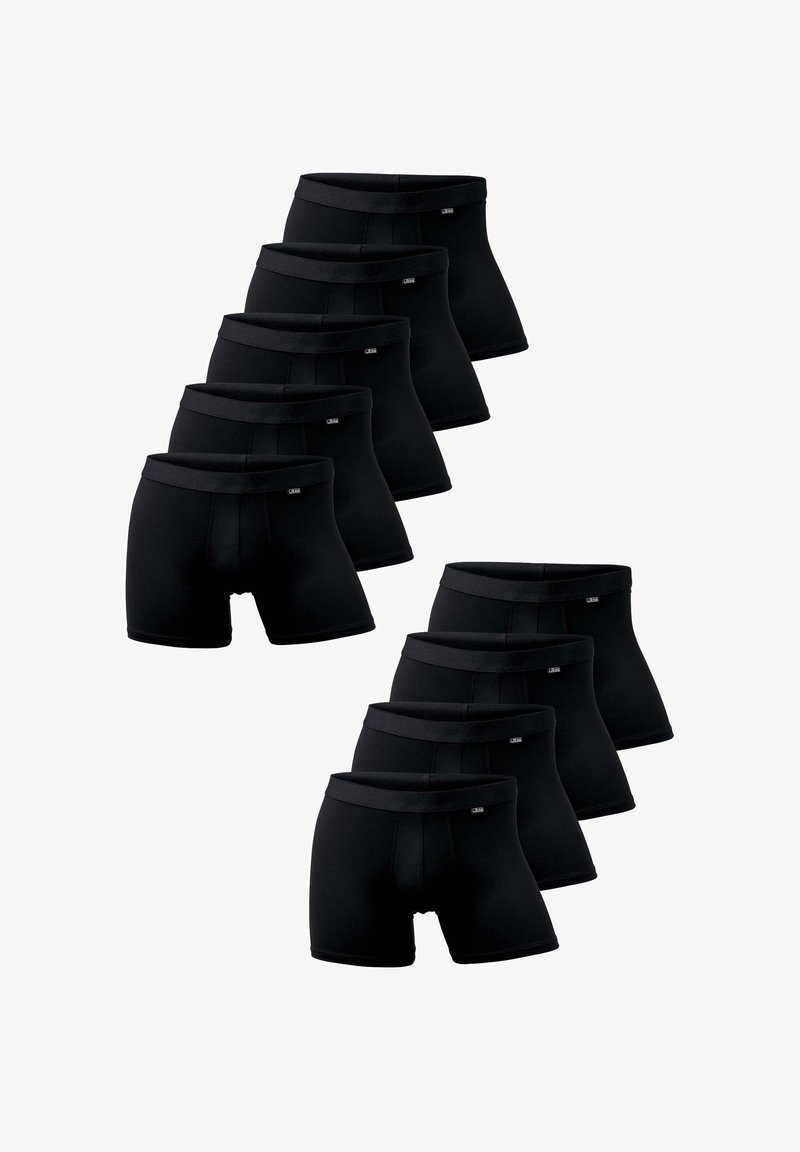 Pakke med 10 sorte boxershorts lavet af strækstof. Har en bred elastisk talje og en tætsiddende pasform. Enkel design uden mønstre.