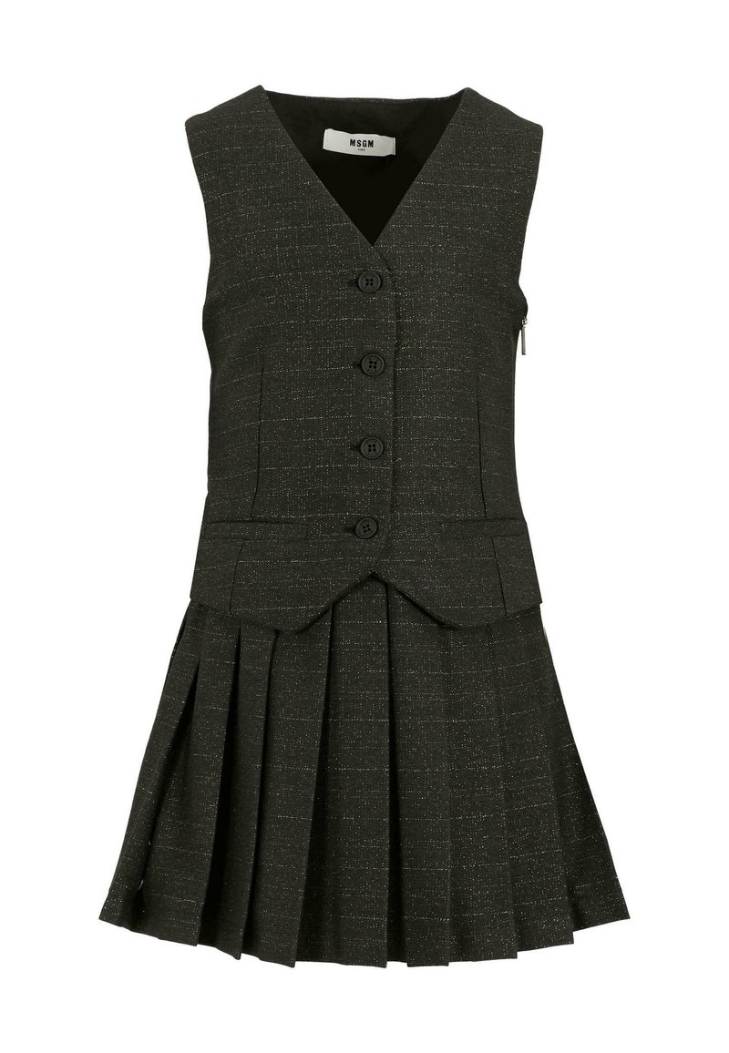 Ciemnoszara sukienka bez rękawów z button-up górą w stylu kamizelki i plisowaną spódnicą, teksturowany materiał, zamek błyskawiczny z boku oraz metka marki MSGM wewnątrz kołnierza.