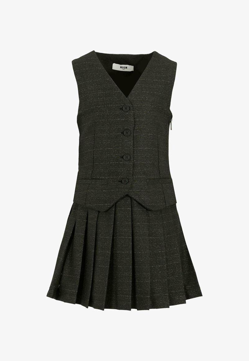 Ciemnoszara sukienka bez rękawów z button-up górą w stylu kamizelki i plisowaną spódnicą, teksturowany materiał, zamek błyskawiczny z boku oraz metka marki MSGM wewnątrz kołnierza.