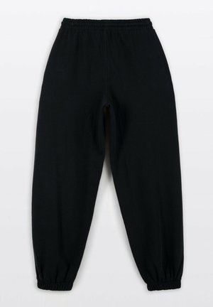 Czarne spodnie z elastycznym paskiem w talii, zwężanymi nogawkami i marszczonymi mankietami. Materiał wydaje się miękki i gładki, bez widocznych wzorów ani elementów metalowych.