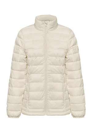 Veste rembourrée de couleur crème clair avec col montant, fermeture éclair sur toute la longueur à l'avant et poignets élastiques. Le design matelassé horizontal ajoute de la texture.