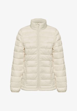 Veste rembourrée de couleur crème clair avec col montant, fermeture éclair sur toute la longueur à l'avant et poignets élastiques. Le design matelassé horizontal ajoute de la texture.