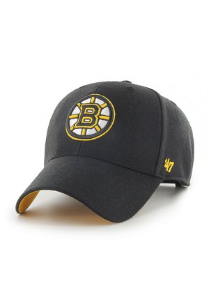Casquette de baseball noire avec logo des Boston Bruins à l'avant et broderie jaune "47" sur le côté, visière incurvée avec dessous jaune.