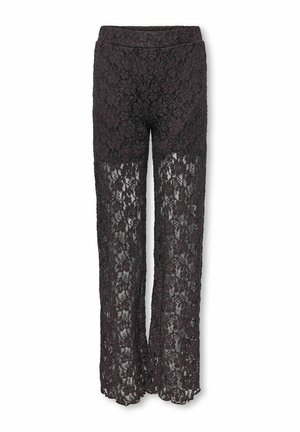 Pantalon en dentelle noire à motif floral, jambes droites et taille cintrée, semi-transparent à partir du milieu de la cuisse.