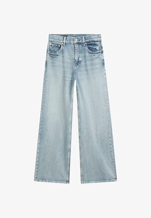 Lichtblauwe wijde denim jeans met voorzakken, riemlussen, en een knoop- en ritssluiting.
