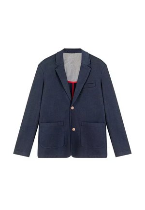 Granatowa marynarka z dwoma naszywanymi kieszeniami z przodu, dwoma guzikami oraz podszewką w paski z czerwonymi akcentami.