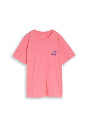Pink short-sleeve t-shirt with round neckline and small navy blue scooter graphic and "La dolce vita" text on the left chest.