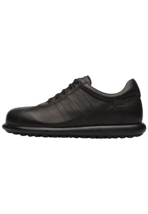 Black leather sneakers with a smooth finish, round toe, lace-up design, and cushioned sole. Features subtle horizontal stitching accents.
