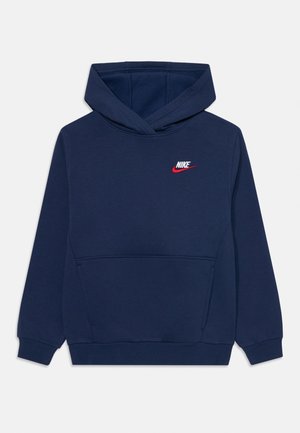 Marineblå hættetrøje med front kengurulomme og lille hvid og rød Nike-logo på venstre bryst.