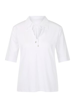 Weißes kurzärmeliges Hemd mit Kragen und vorne gebundenem Detail mit metallspitzen Schnürsenkeln, lockerer Passform und glattem Stoff.