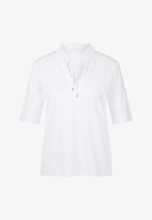 White short-sleeve shirt with collar and front tie detail, featuring metal-tipped strings, loose fit, and smooth fabric.