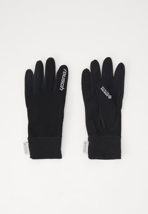 Schwarze Handschuhe aus weichem Material, mit einem engen Bündchen, strukturiertem Griff auf der Handfläche und markanten Branding auf der Rückseite.